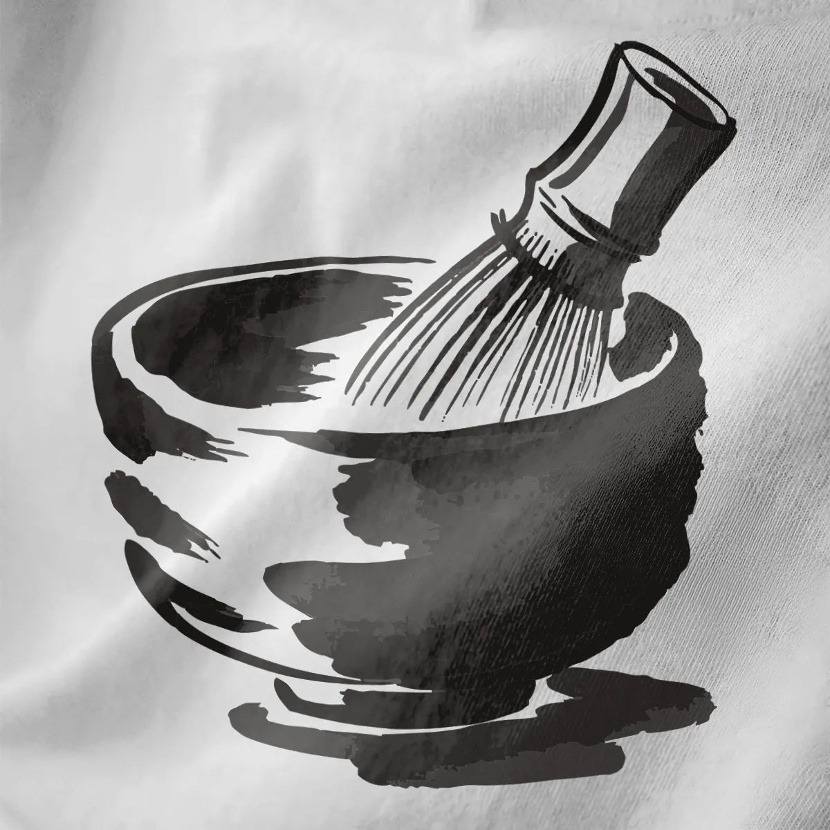 Monochrome brushstroke matcha bowl on white fabric, traditional tea ceremony and minimalist design.