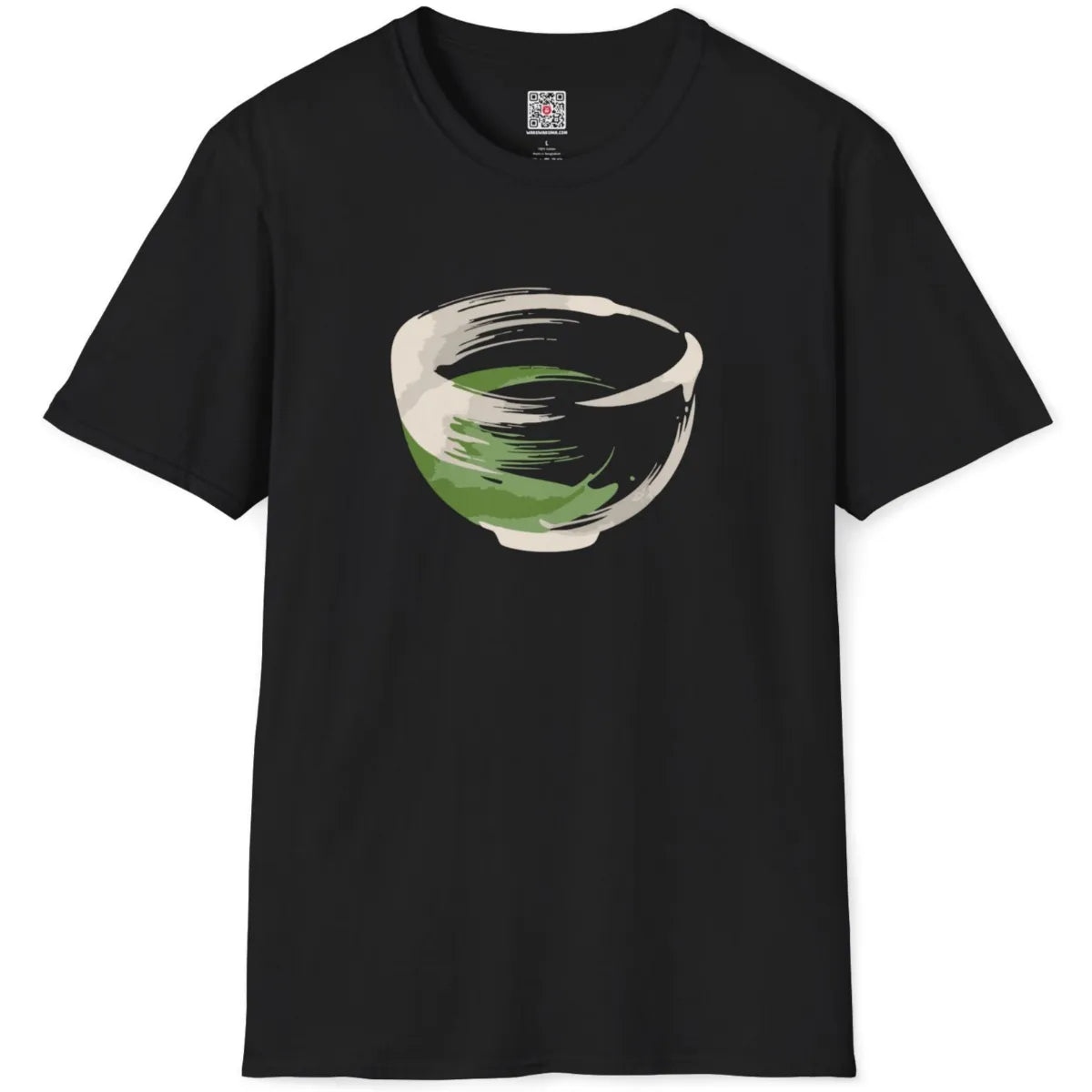 Black flatlay of t-shirt with stylized matcha bowl, brushstroke art blending nature and tranquility.