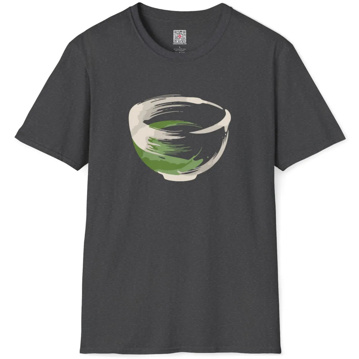 Dark heather t-shirt flatlay with matcha bowl brushstroke motif, artistic expression and balance.