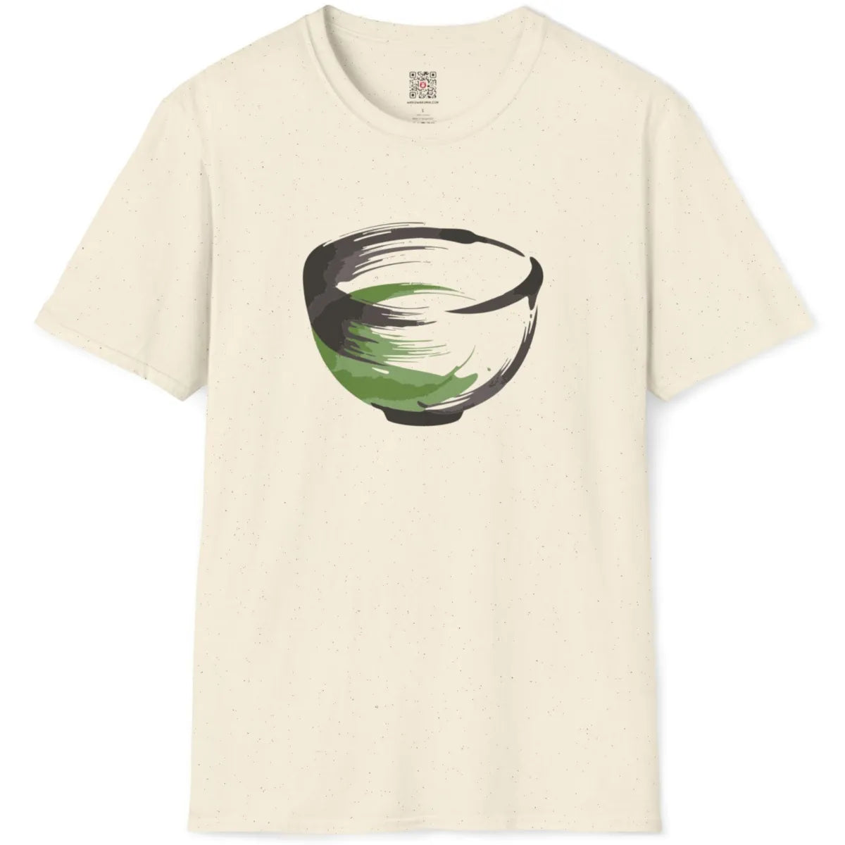 Natural fabric t-shirt flatlay displaying green matcha bowl, understated and artful expression.