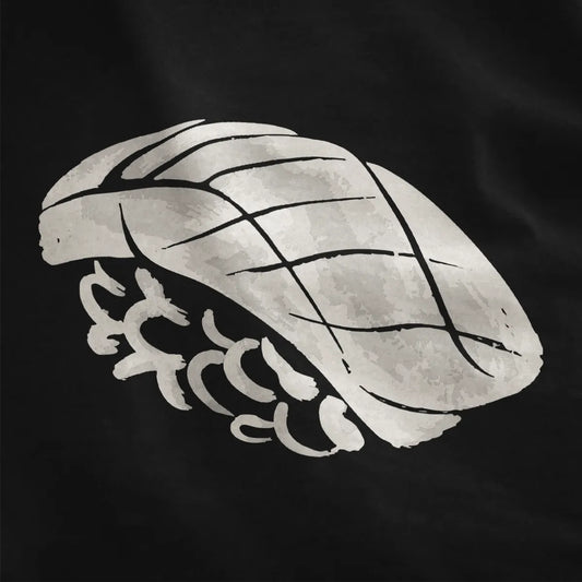 Dark fish nigiri sushi design on black fabric, expressive brush strokes highlight sushi art theme.