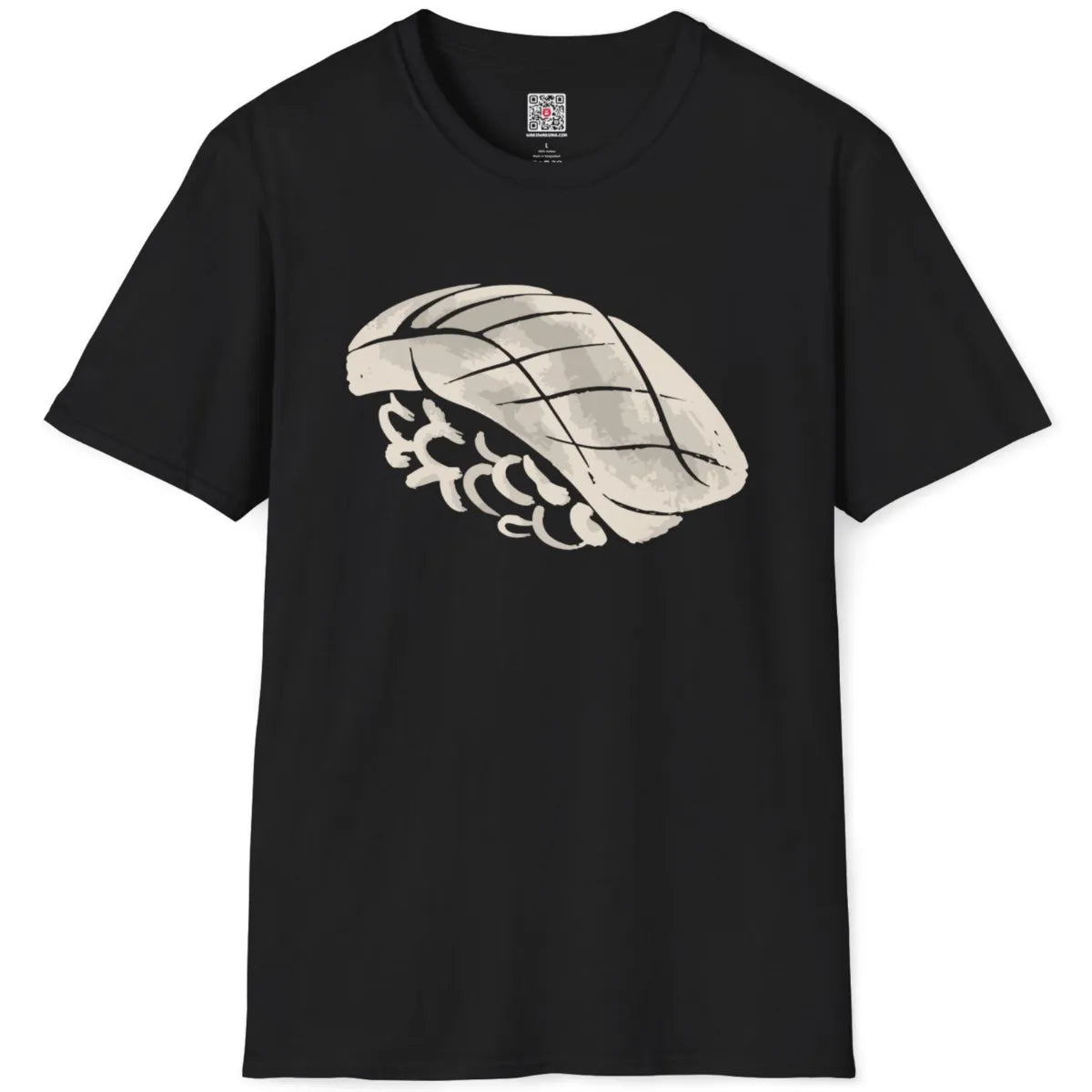 Black flatlay featuring sushi art t-shirt, dynamic brushstroke design emphasizes minimalism.