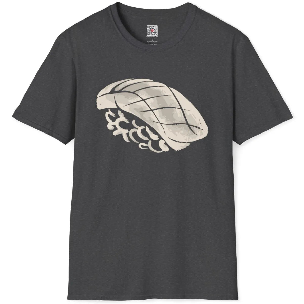 Dark heather fabric with stylized sushi design, bold brushstrokes and creative Japanese graphic.