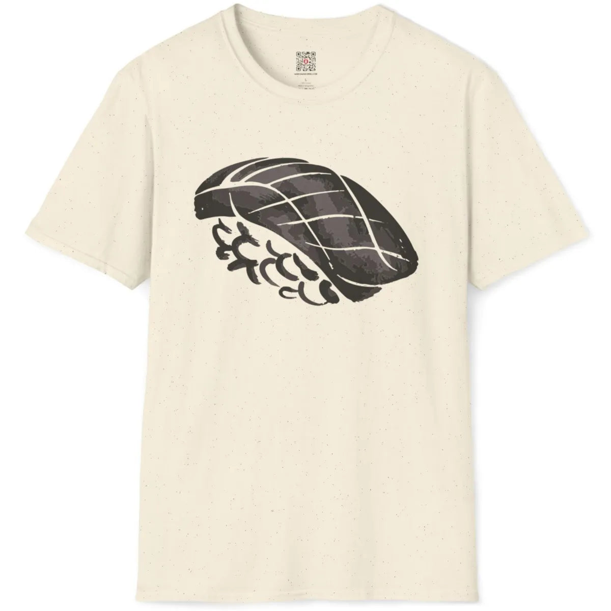 Natural fabric t-shirt flatlay shows artistic nigiri sushi, minimalist design with hand-crafted feel.
