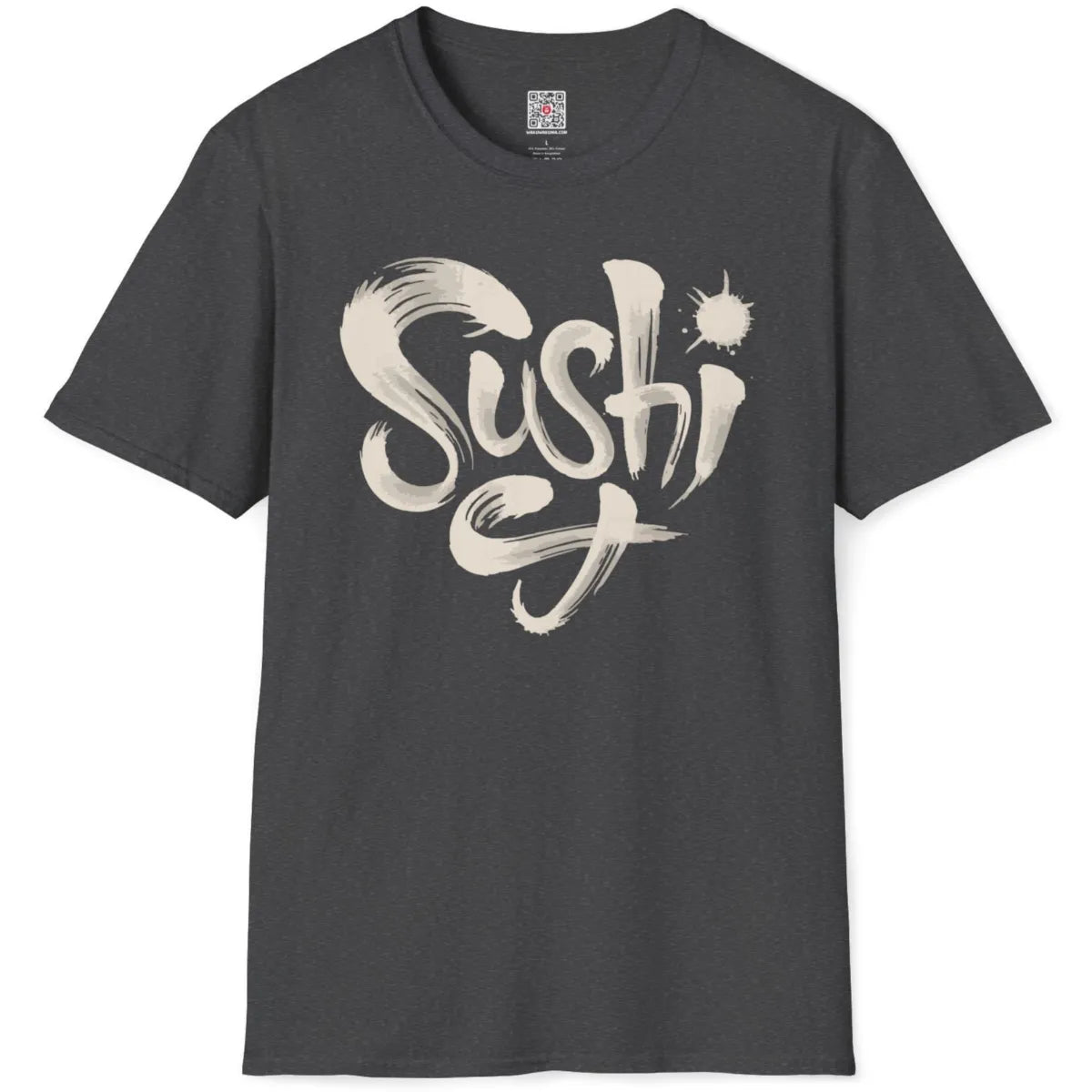 Dark heather flatlay with expressive sushi typography, monochrome palette, brushstroke art.
