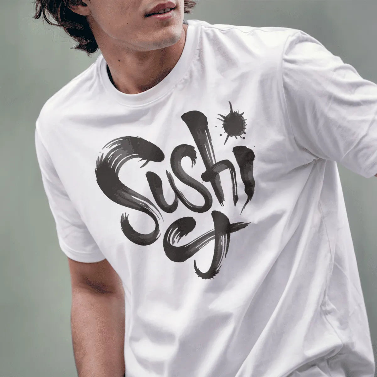 Male model in white t-shirt with sushi brushstroke art, heartfelt design, Japanese aesthetic clothes.