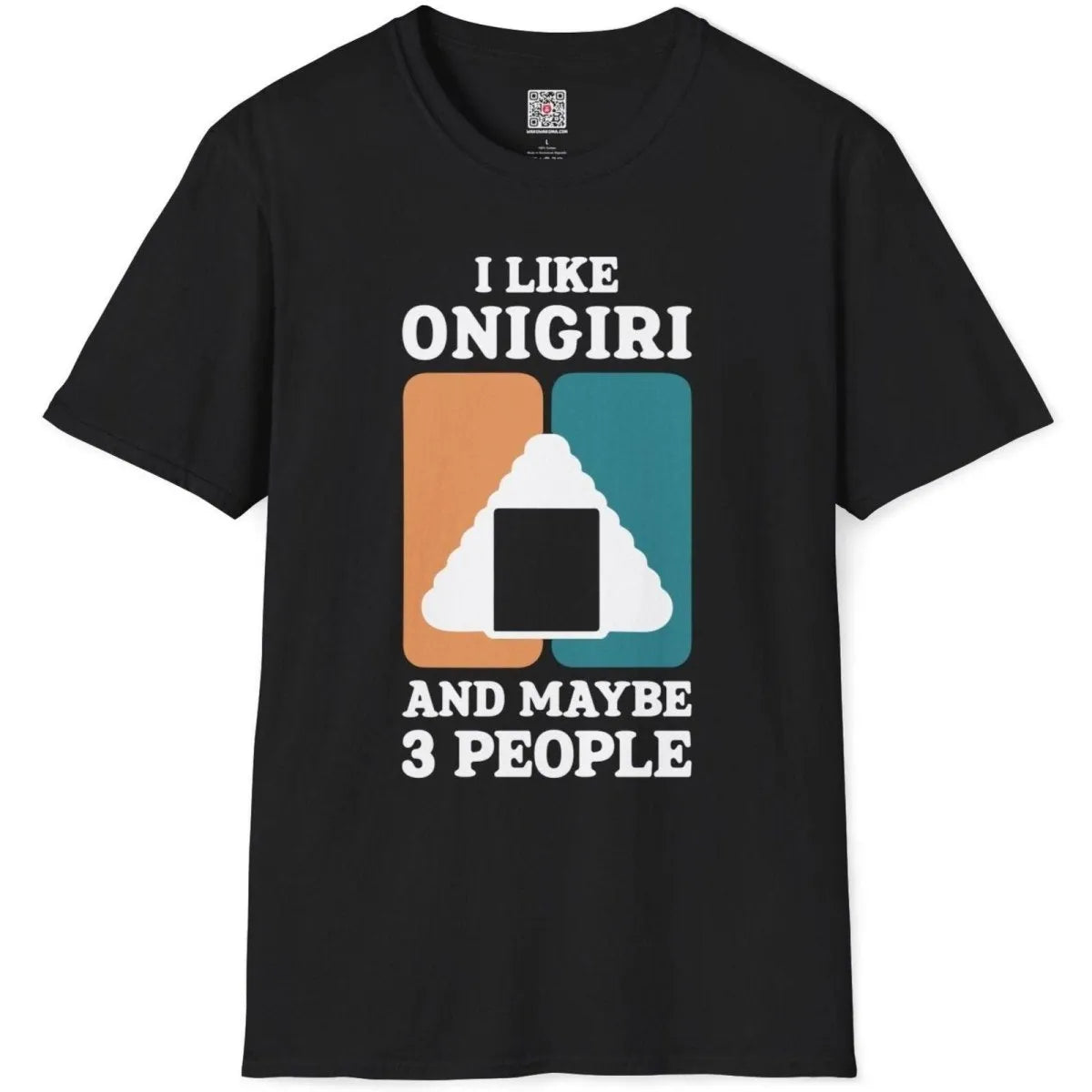 Black t-shirt flatlay with bold onigiri design, minimalist font, cultural symbolism, graphic tees stores.