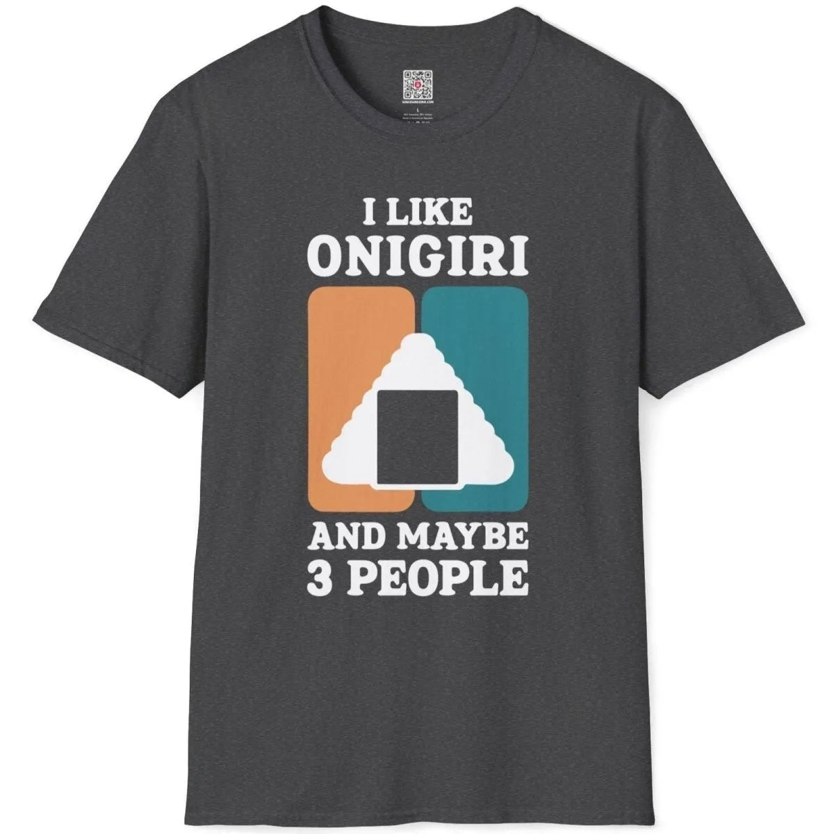 Dark heather flatlay with modern onigiri illustration and bold fonts, friendship theme, japanese t-shirts.
