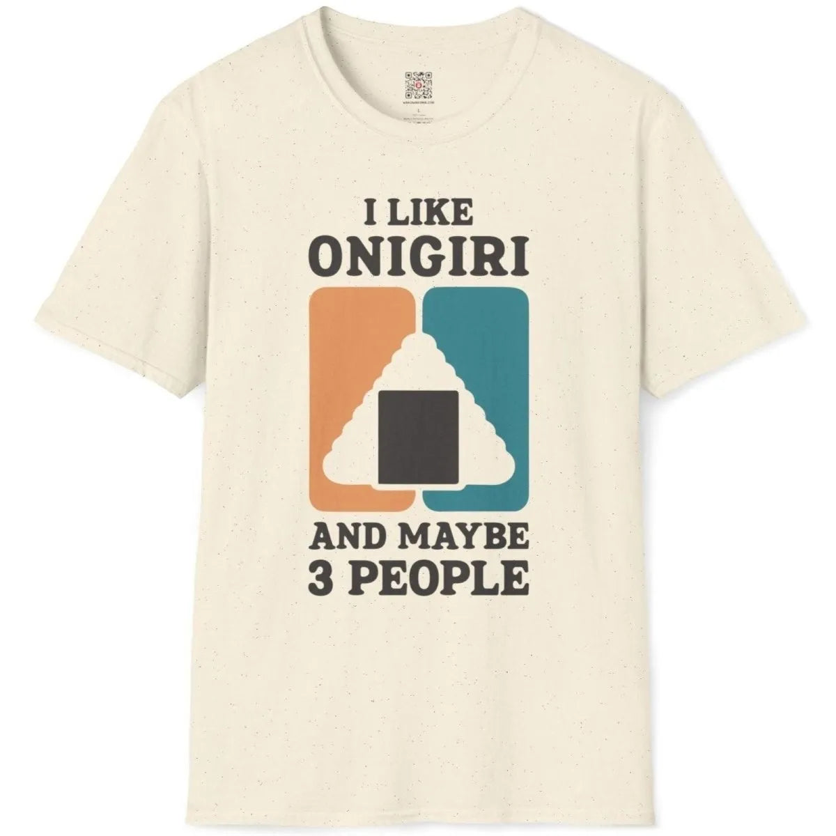 Natural t-shirt flatlay with stylized onigiri, orange and teal accents, minimalist font, graphic design t shirt.