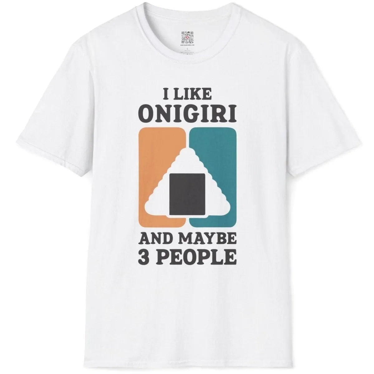 White t-shirt flatlay featuring playful onigiri rice ball and whimsical text, simple shirt design, positive messaging.