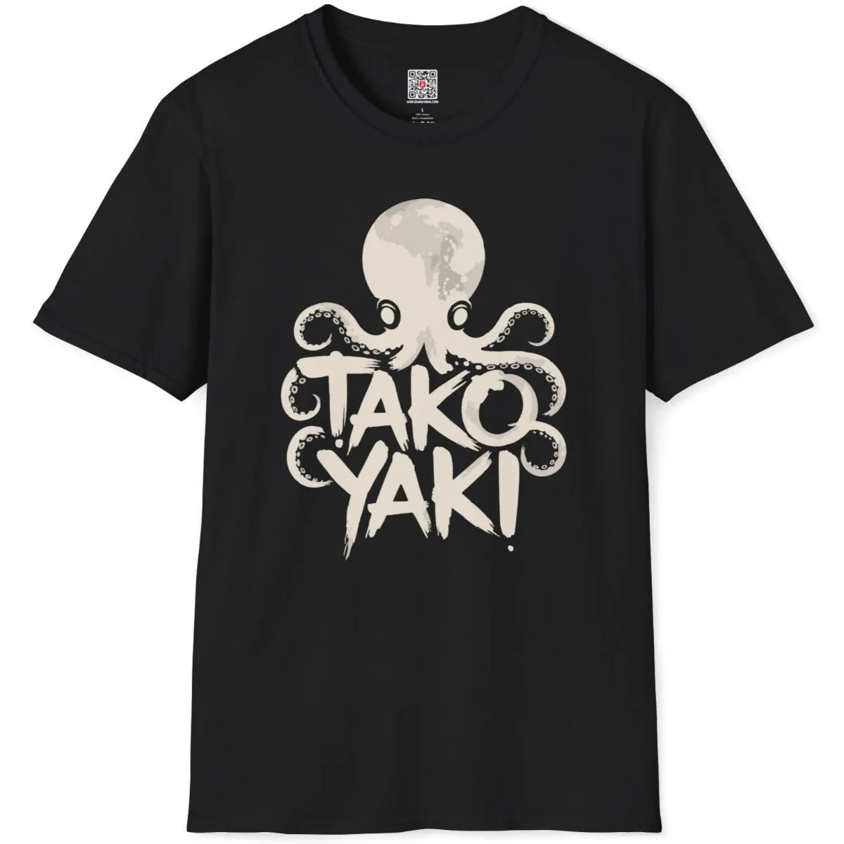 Black flatlay featuring dynamic octopus illustration entwined with takoyaki lettering, Japanese snack theme.