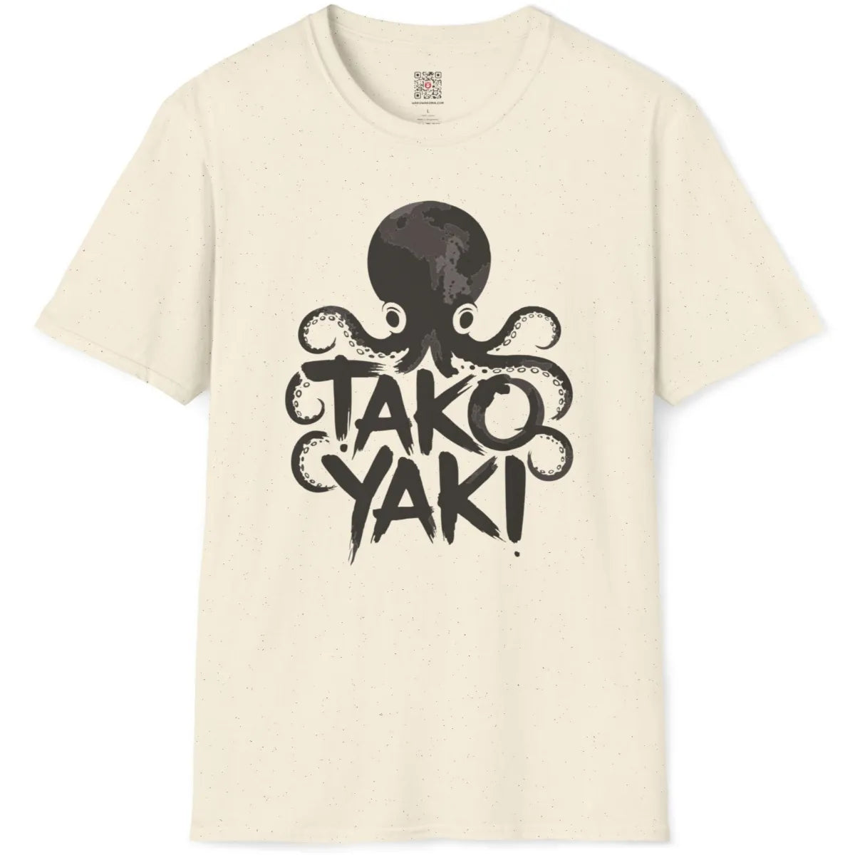 Natural fabric flatlay with friendly octopus and takoyaki letters, Japanese food shop style, cool design.