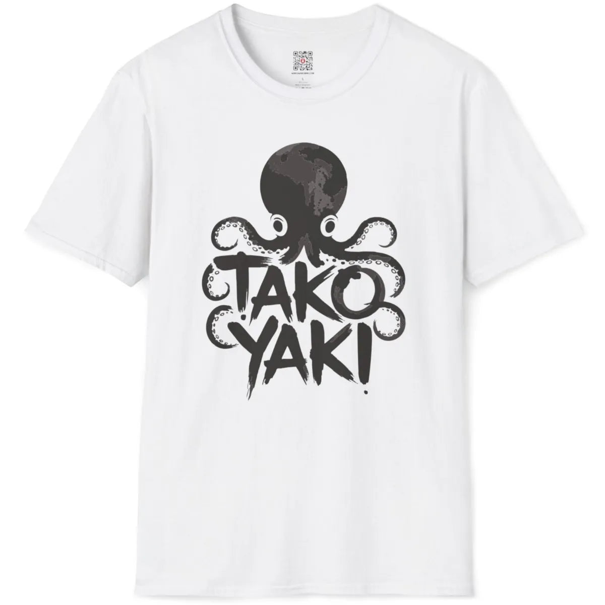 White t-shirt flatlay showing octopus and takoyaki text in bold brushstroke, creative food t-shirt design.