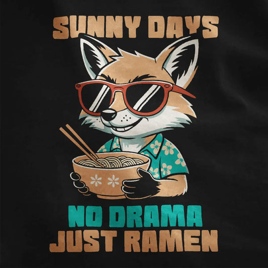Close-up of black t-shirt fabric featuring vibrant fox with ramen bowl and "Sunny Days" text, playful graphic.