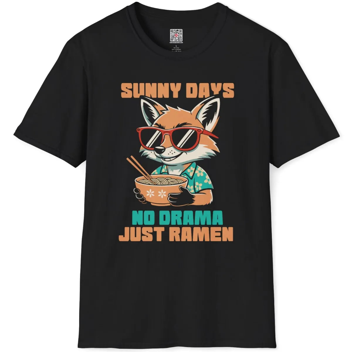 Black flatlay of t-shirt with retro cartoon fox eating ramen, red sunglasses, and floral accents, casual aesthetics.