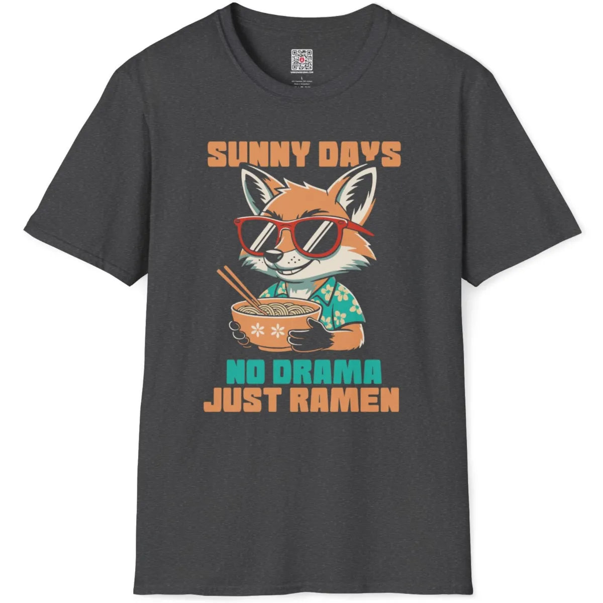 Dark heather flatlay displays cartoon fox with noodles and chopsticks, emphasizing summer sunset and relaxed feel.