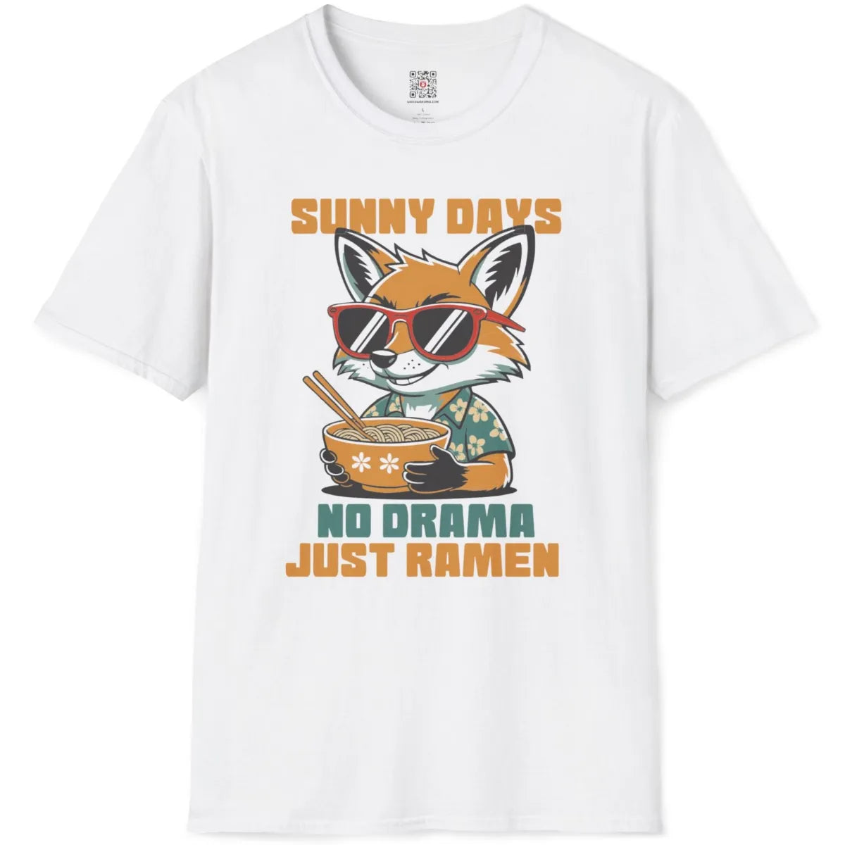 White flatlay shows bright orange fox with ramen bowl and text "No Drama Just Ramen" in kawaii, playful style.
