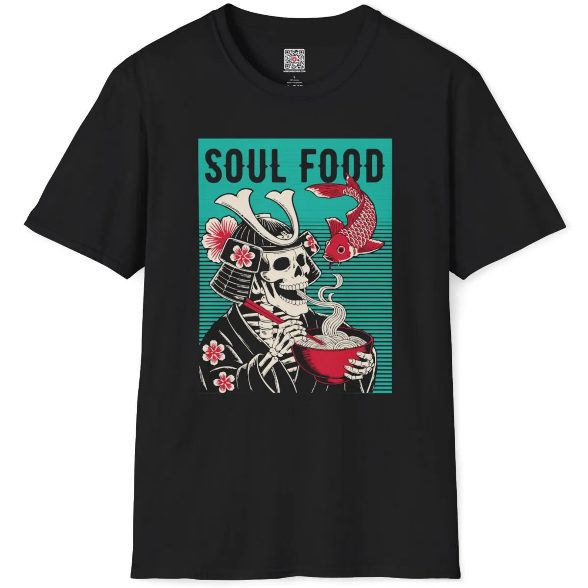 Flatlay black t-shirt displaying bold samurai skeleton ramen design with koi fish and "SOUL FOOD" text.