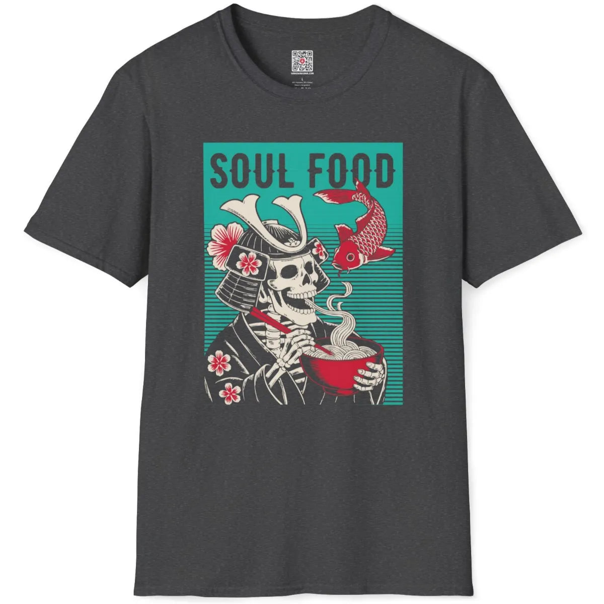 Dark heather t-shirt flatlay showcasing edgy graphic of samurai skeleton enjoying ramen with koi and blossoms.