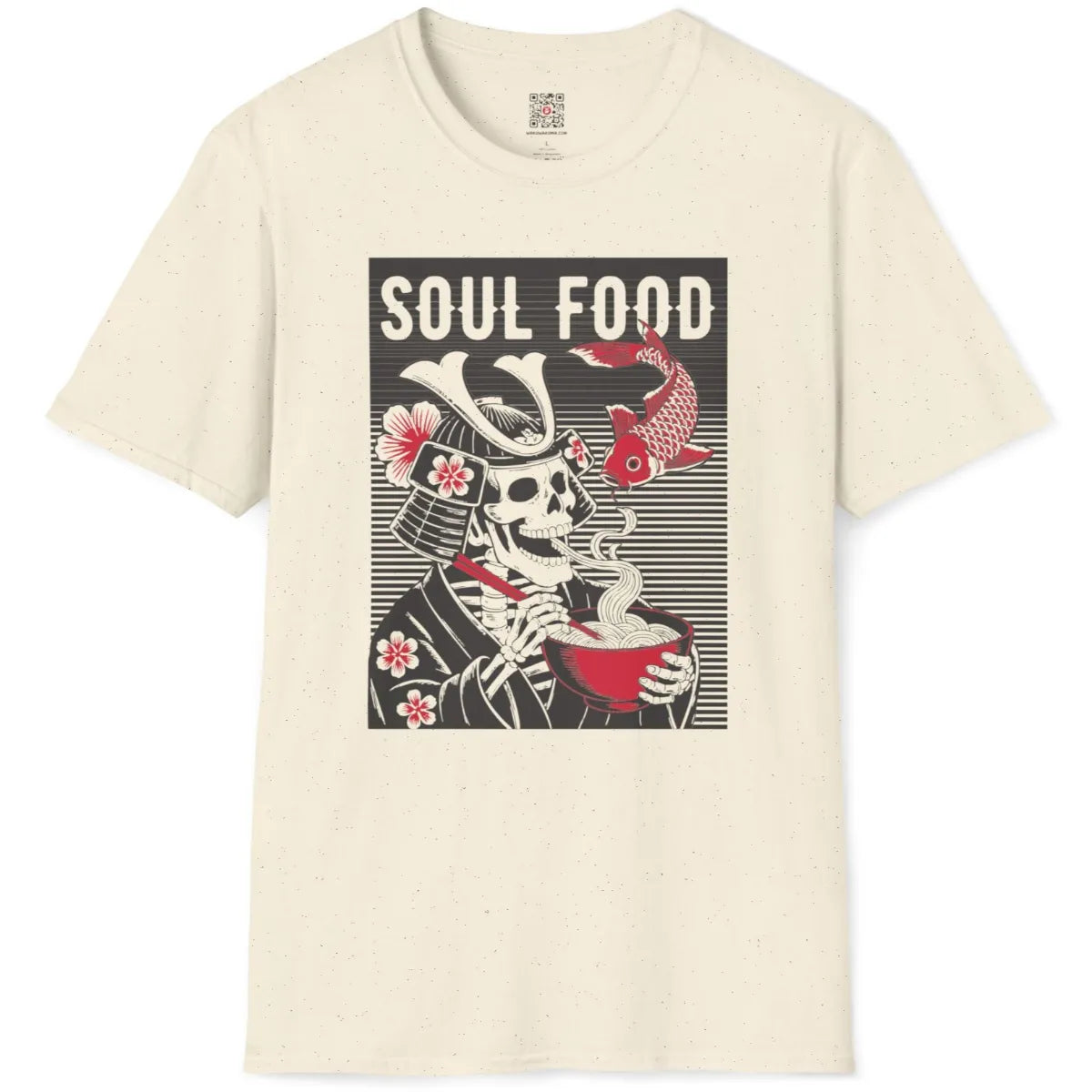 Natural fabric t-shirt flatlay featuring stylized samurai skeleton with ramen bowl and Japanese koi fish.