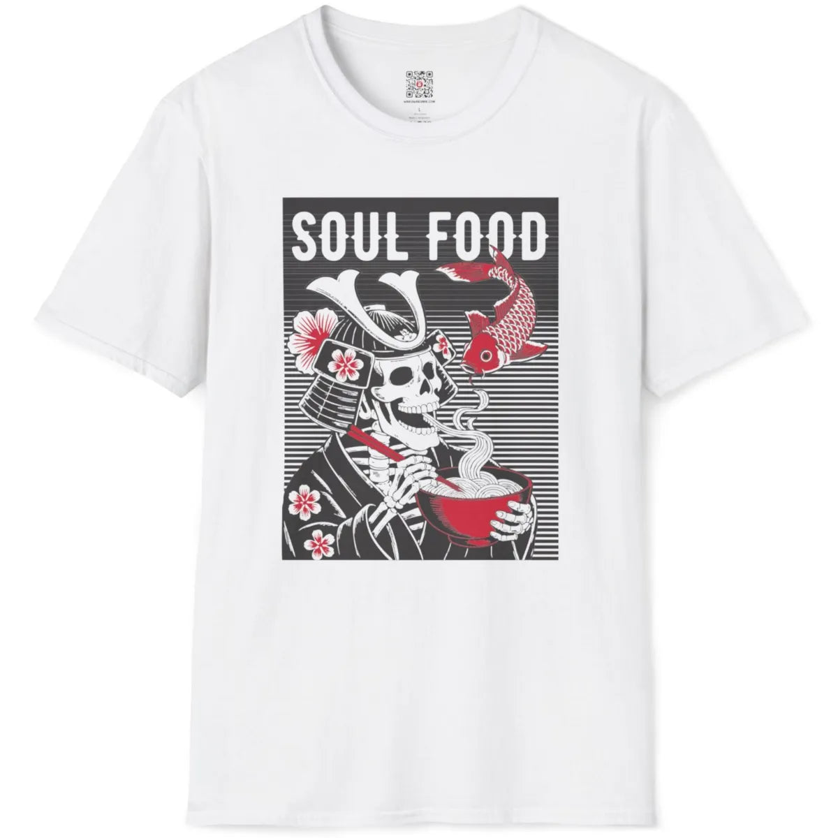 White t-shirt flatlay with detailed samurai skeleton holding steaming ramen bowl and red cherry blossom accents.