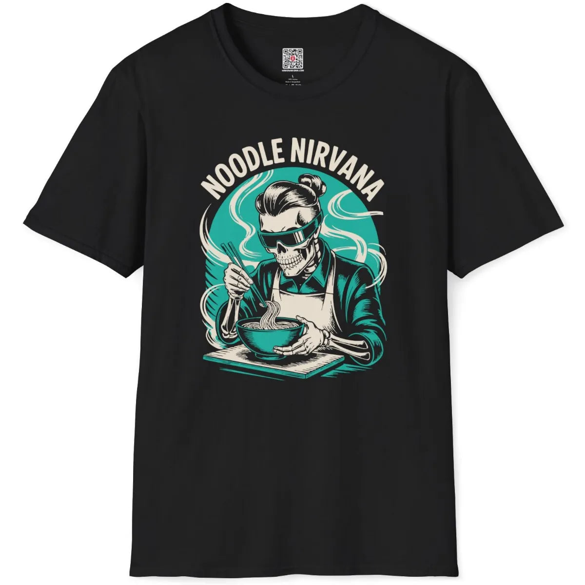 Black t-shirt flatlay with skeleton chef in red shirt eating ramen from red bowl, bold graphic.