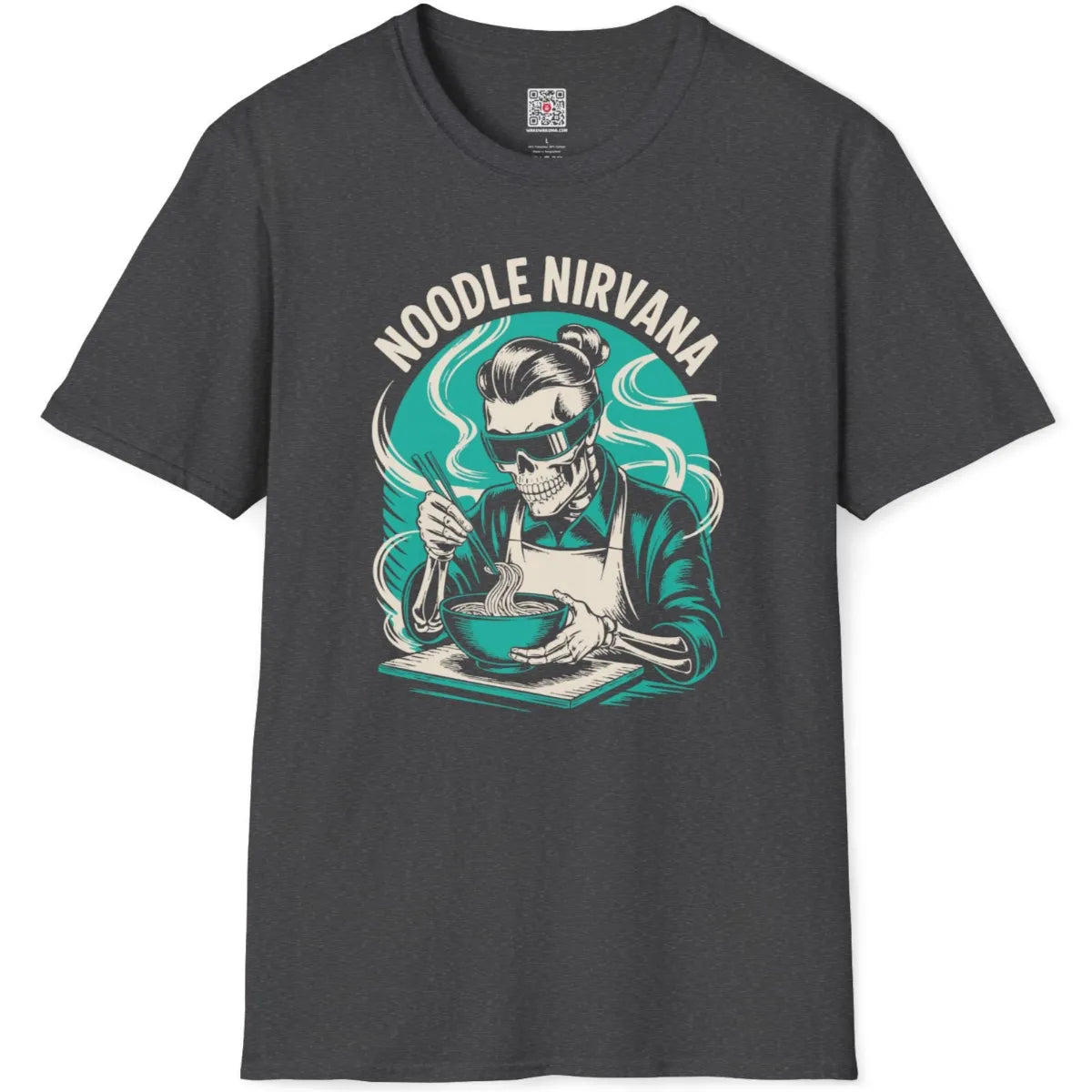 Dark heather t-shirt flatlay showing whimsical skeleton with topknot enjoying ramen bowl.