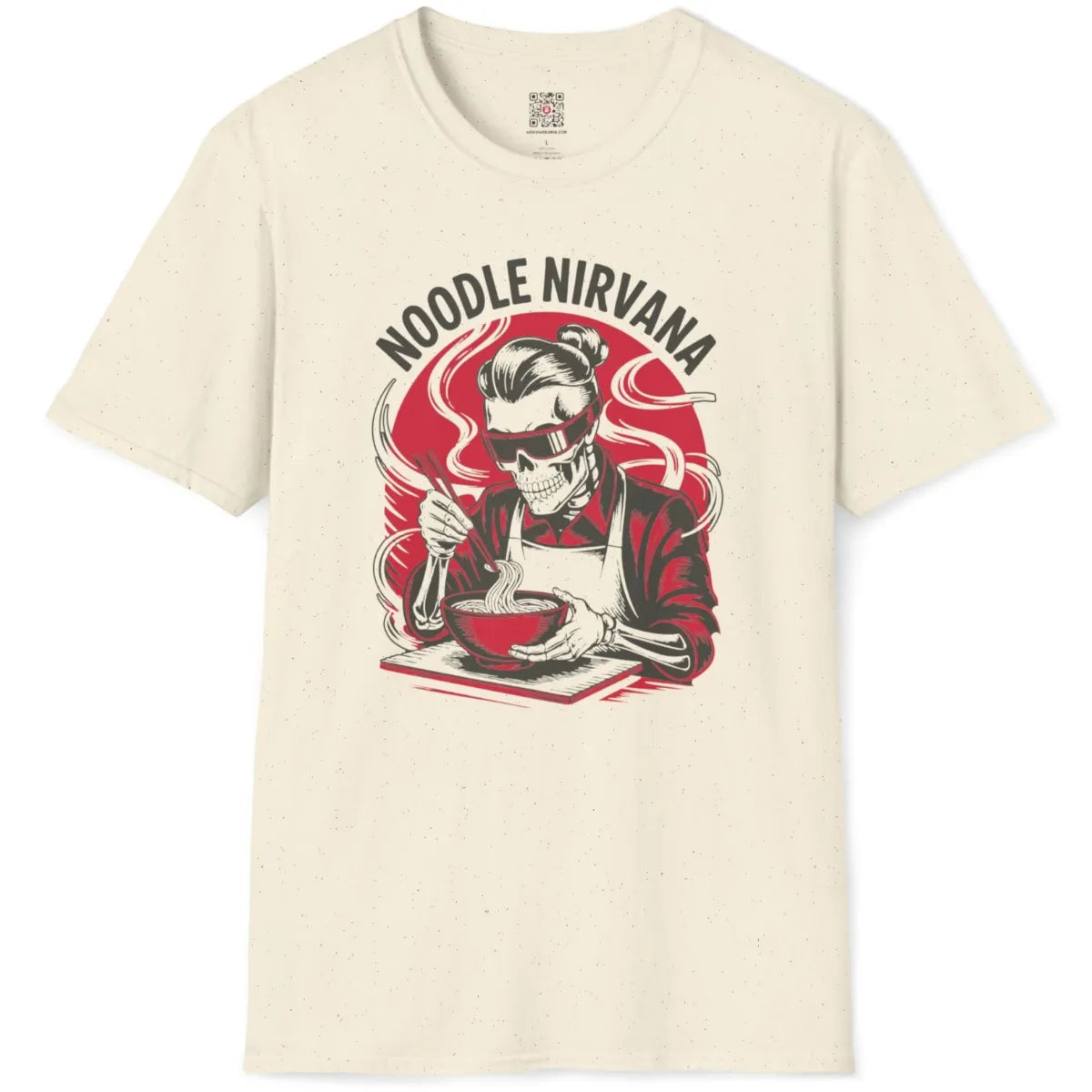Natural t-shirt flatlay featuring skeleton with topknot and red sunglasses eating ramen noodles.