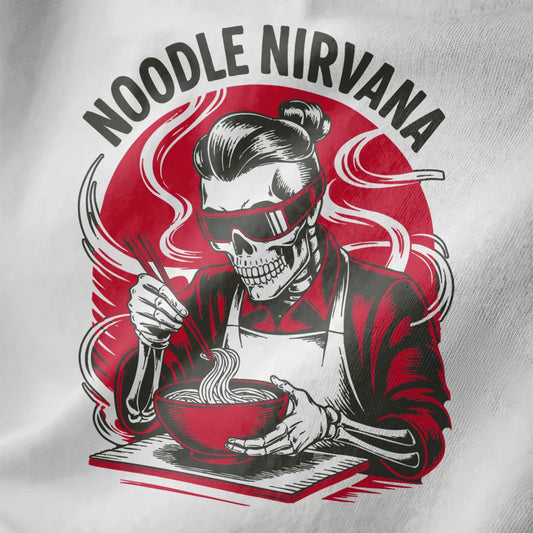 White fabric close-up of skeleton chef with topknot and red sunglasses eating ramen from red bowl.
