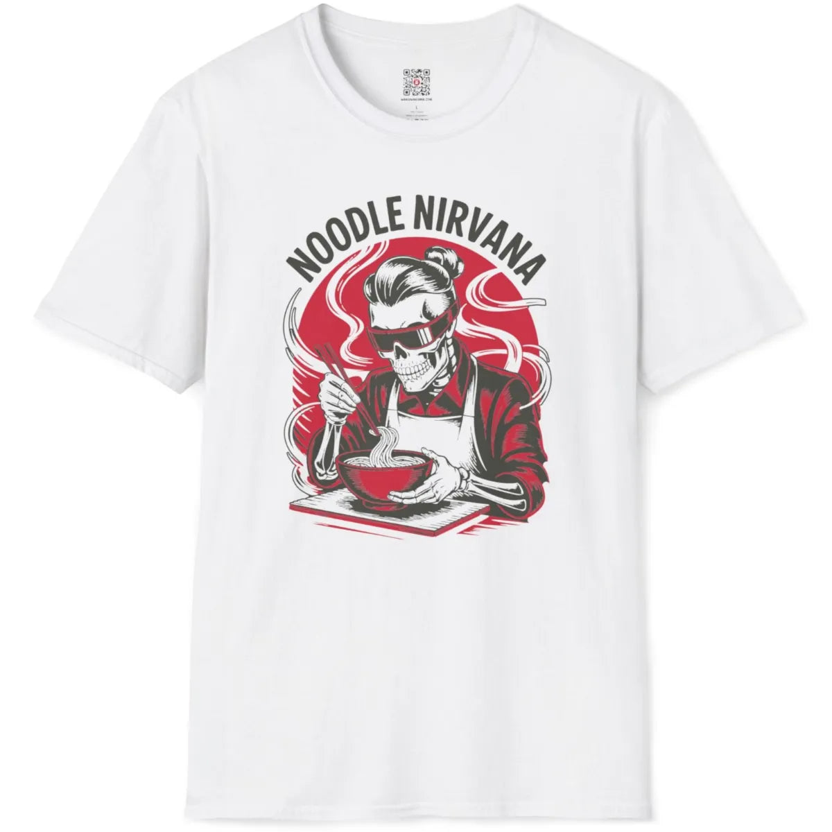 White t-shirt flatlay displaying skeleton with stylish red sunglasses eating ramen noodles.