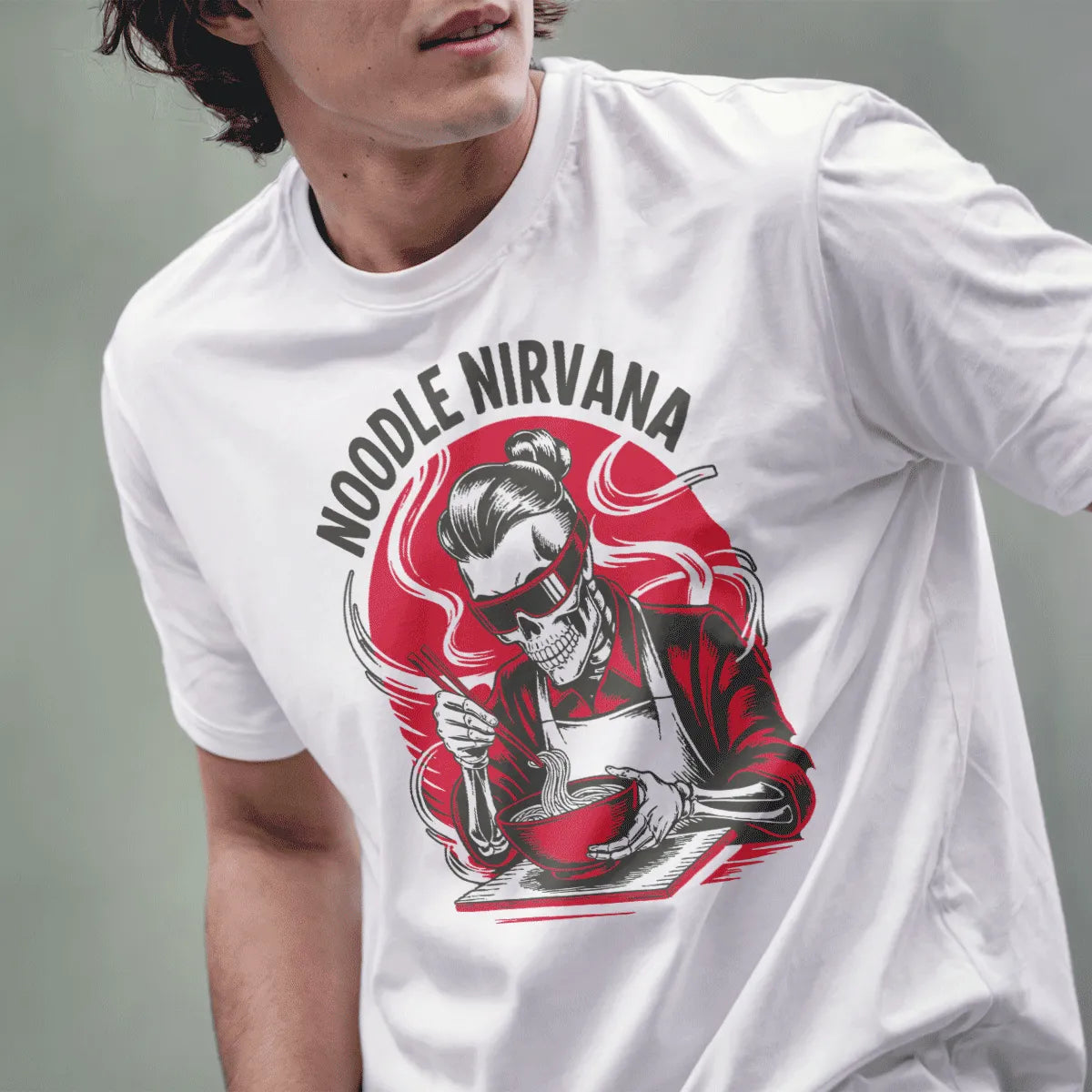 Male model in white tee shows skeleton with topknot and red shades eating steaming ramen.
