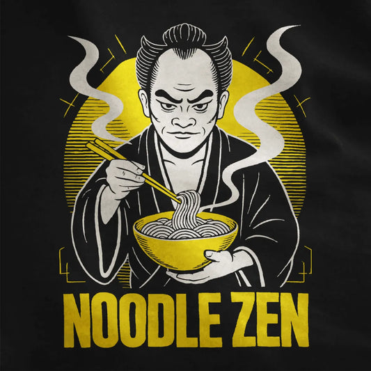 Black fabric close-up of a ramen samurai design with bold black, white, and red graphic elements.