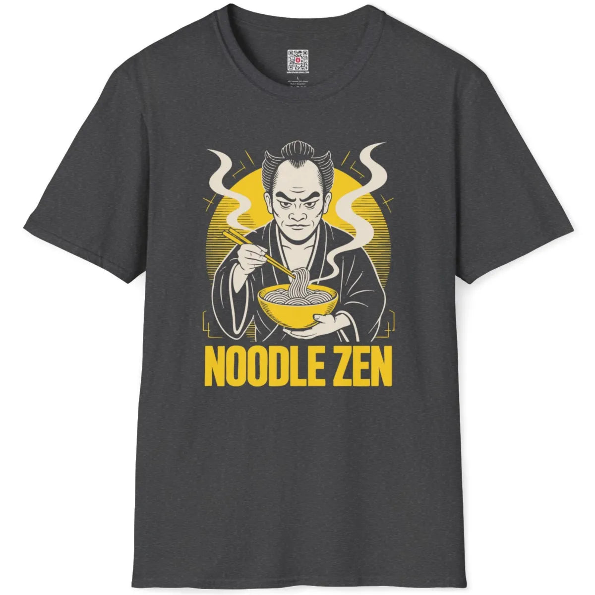 Dark heather t-shirt flatlay showing artistic ramen samurai with patterned brushstroke texture and yellow highlights.