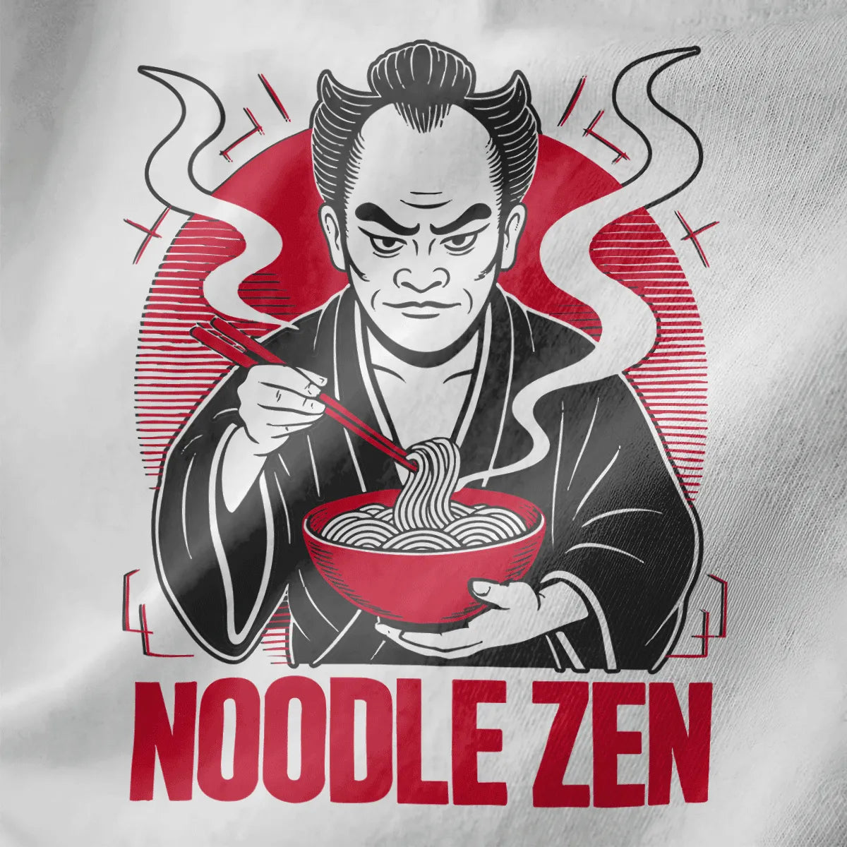 Close-up of a white t-shirt showing a stylized samurai enjoying ramen with rising steam and red sun accents.