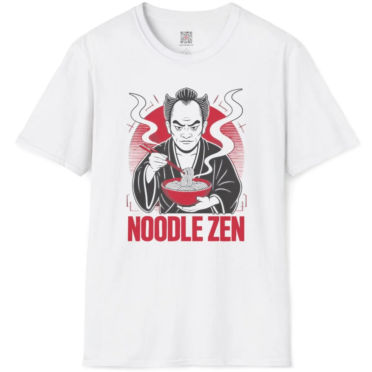 White t-shirt flatlay displaying a black and white samurai with chopsticks and red rising sun graphic.
