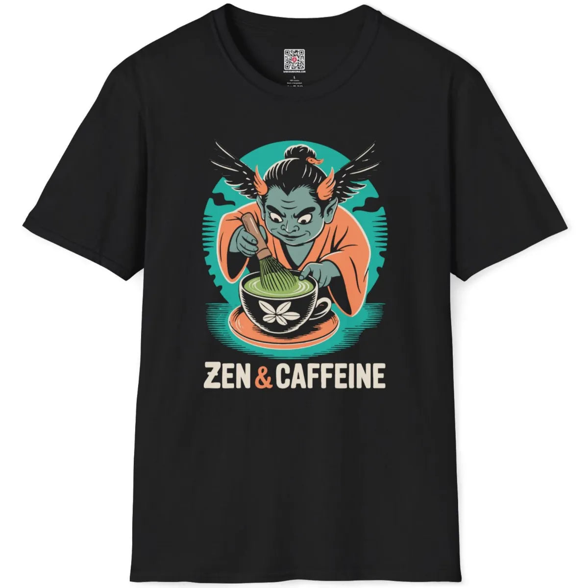 Black t-shirt flatlay with bold graphic of winged oni whisking green matcha in a stylized Japanese zen art style.