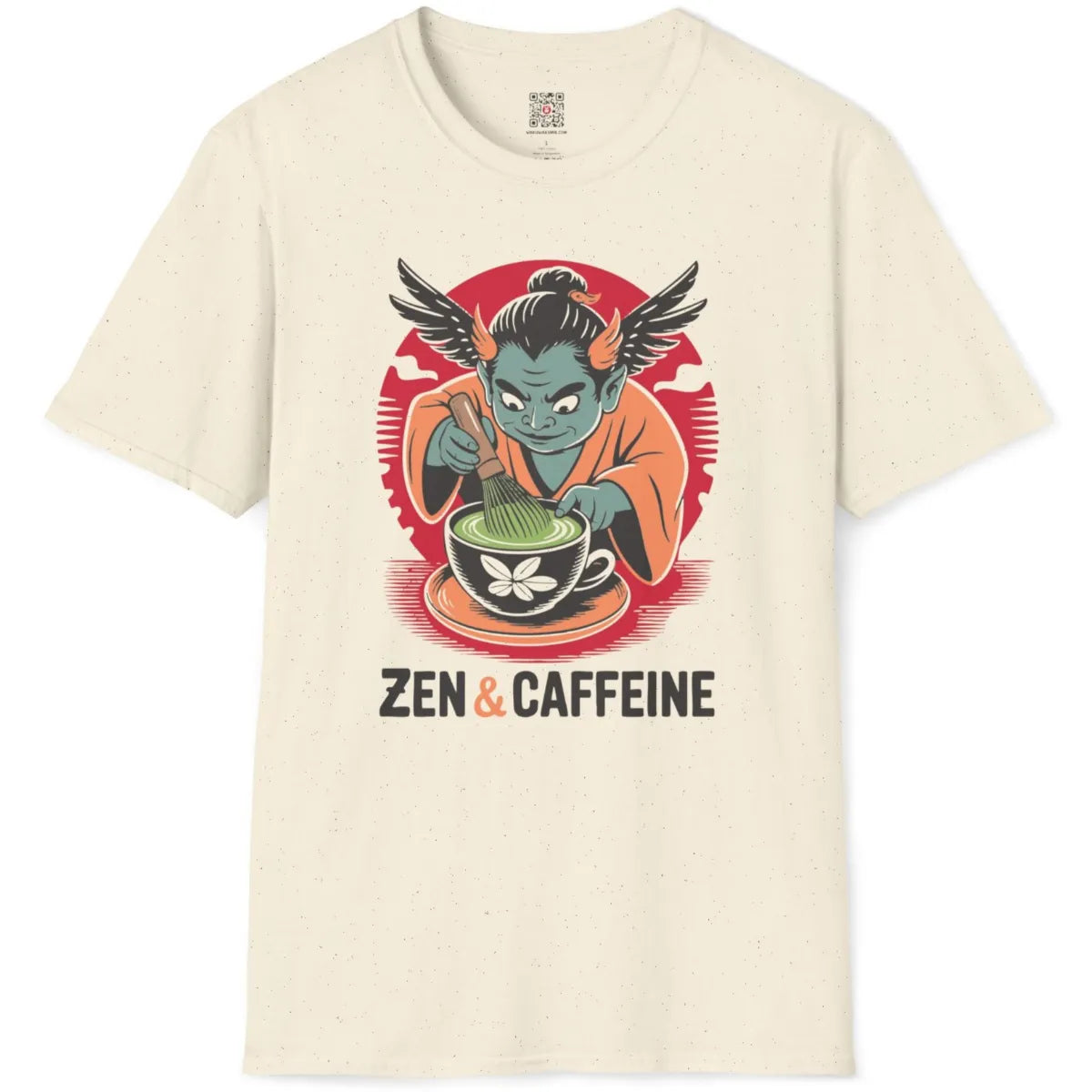 Natural color t-shirt flatlay with playful teal oni character whisking matcha under bold red sun circle.