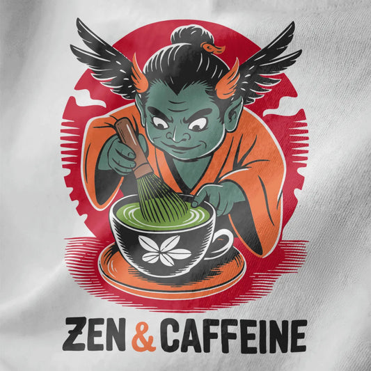 Close-up of teal winged oni whisking green matcha in black cup on white fabric. Japanese demon design.