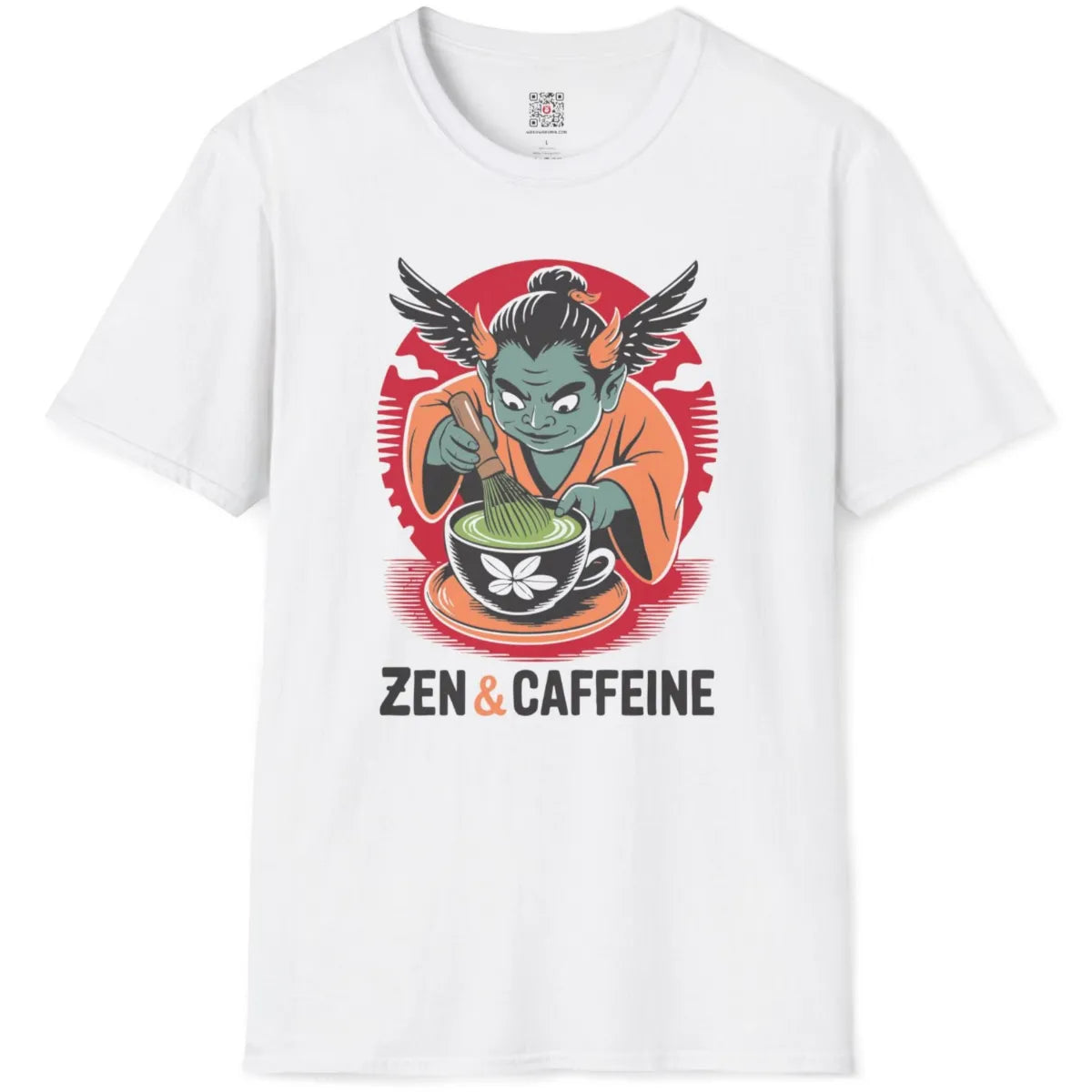 White t-shirt flatlay featuring whimsical teal oni demon whisking bright matcha tea with sun halo behind.