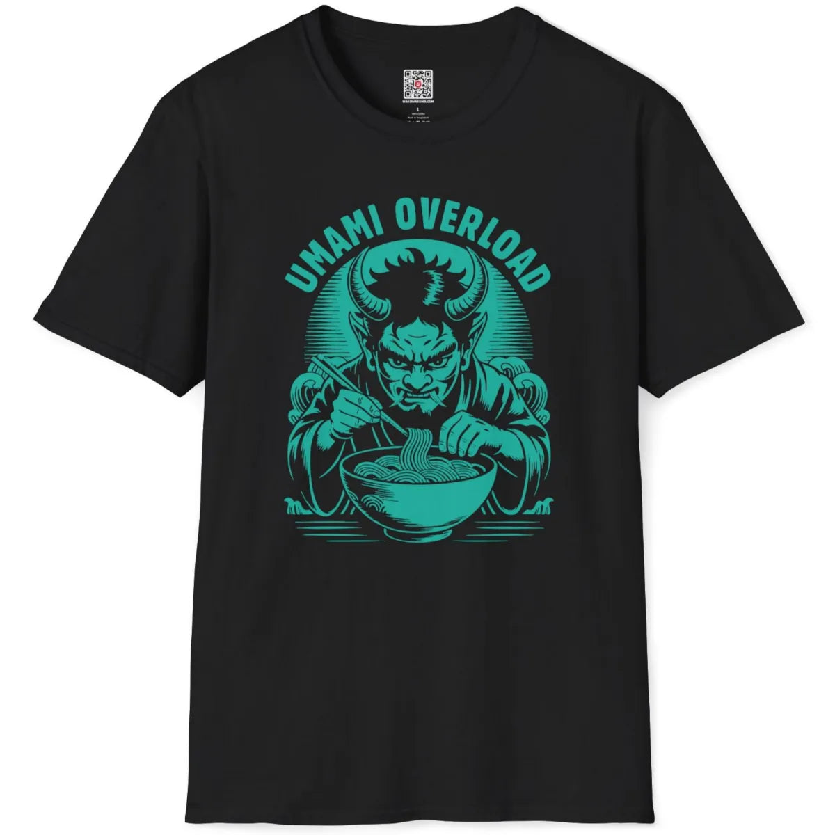 Black flatlay tee with bold red oni mask and noodles design, stylized Japanese ramen scene.