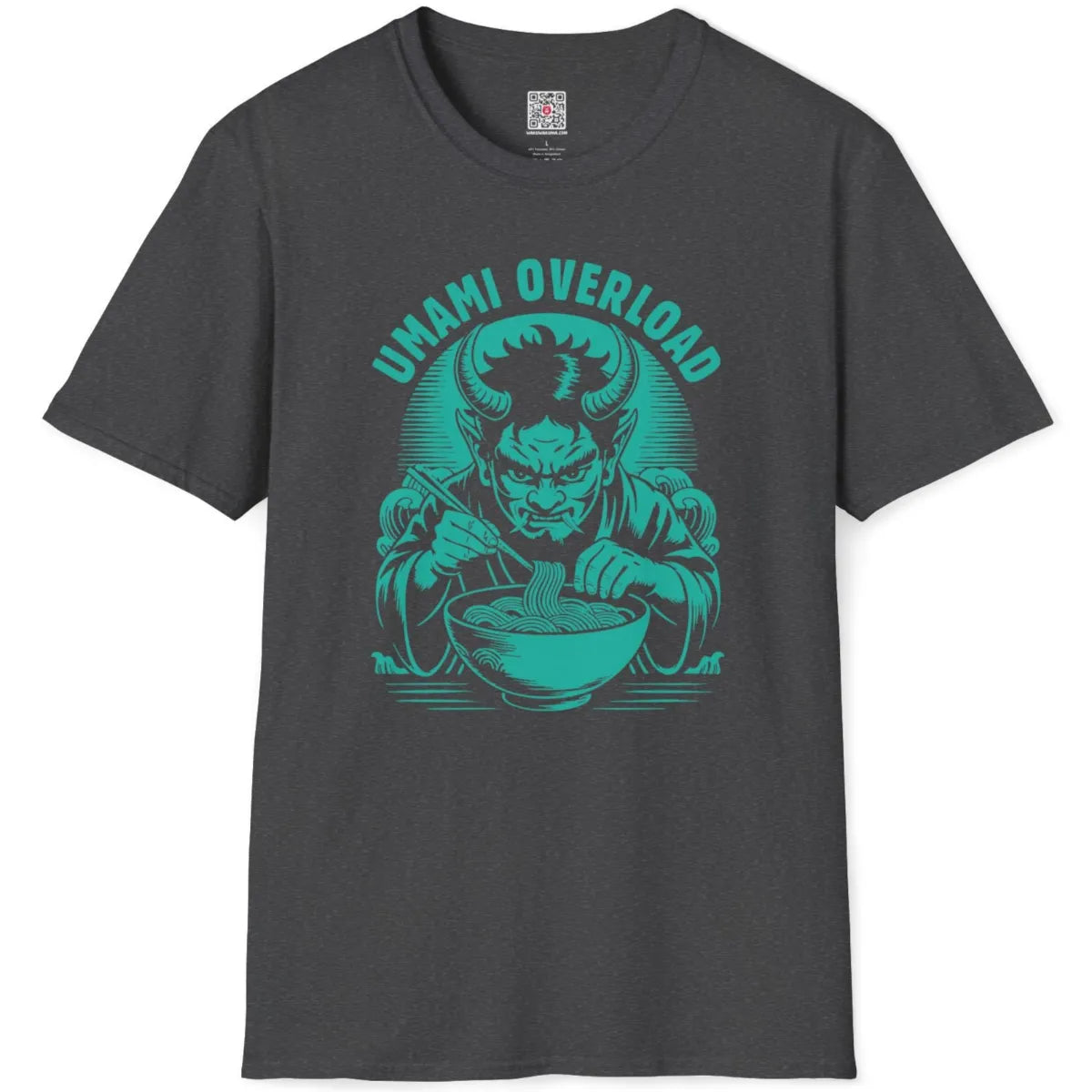 Dark heather tee flatlay featuring red oni demon with fiery hair eating ramen, retro graphic print.