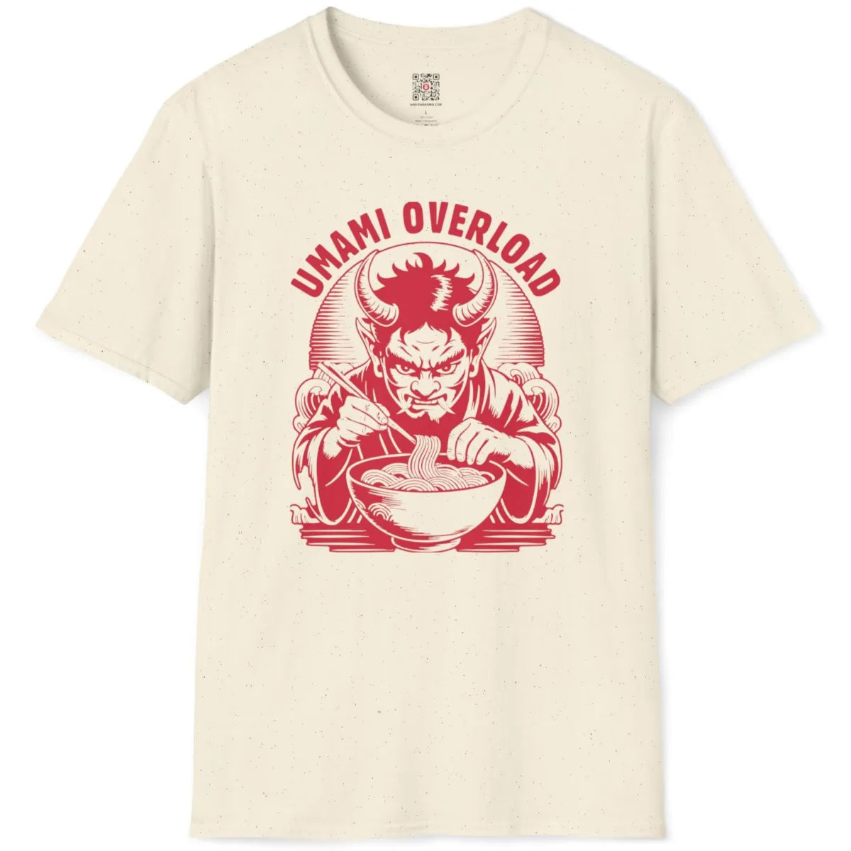 Natural fabric tee flatlay with red Japanese demon mask eating ramen, swirling smoke background design.