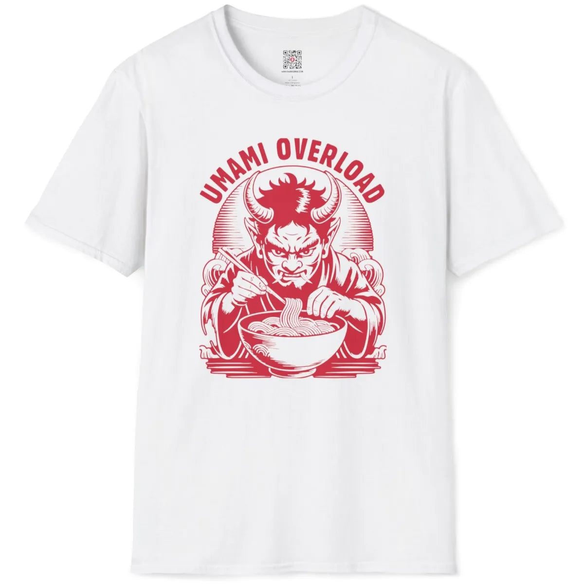 White flatlay tee displaying red oni demon in traditional robes eating ramen, artistic Japanese flair.