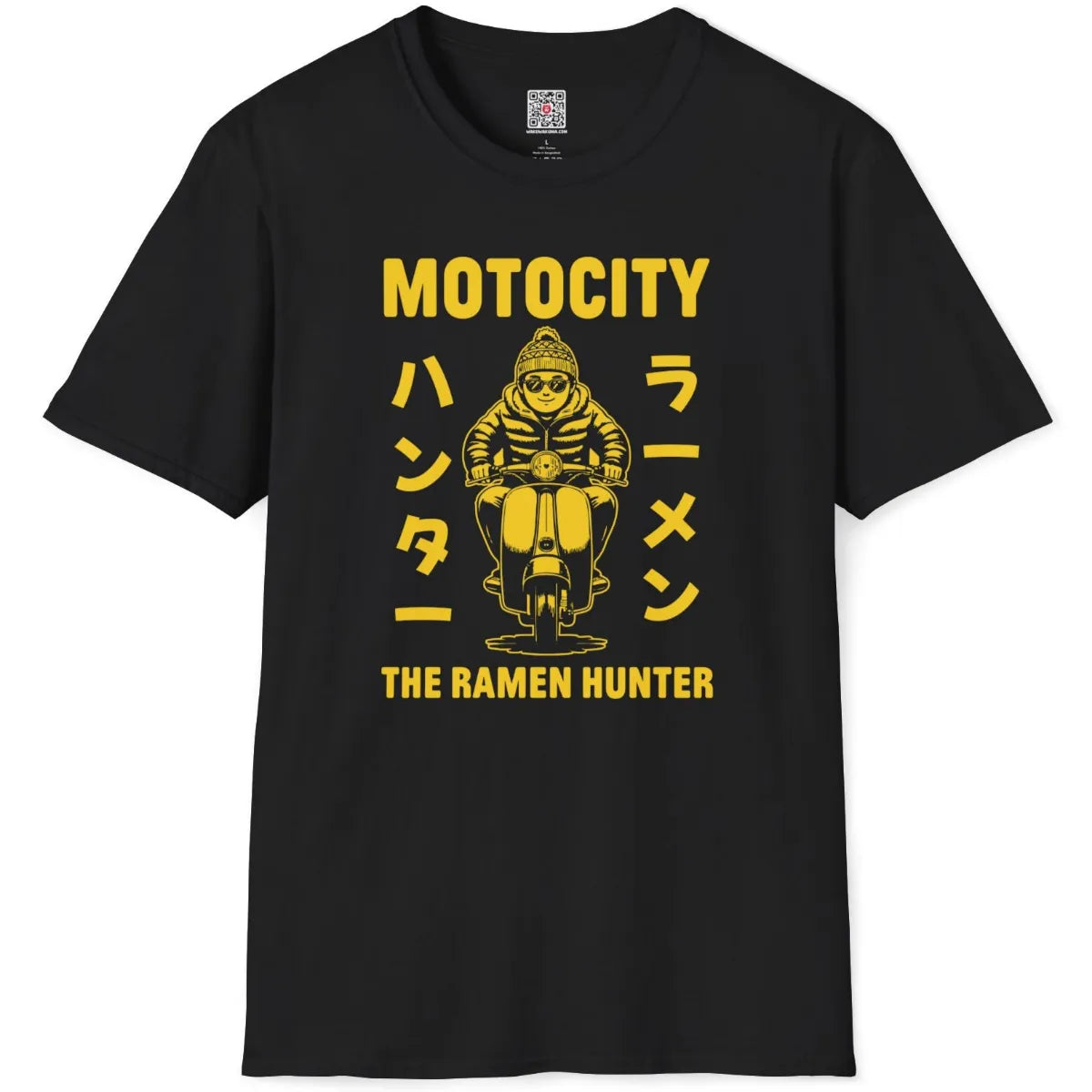 Black flatlay shirt with vintage scooter rider motif, bold Japanese characters, and monochrome ramen design.