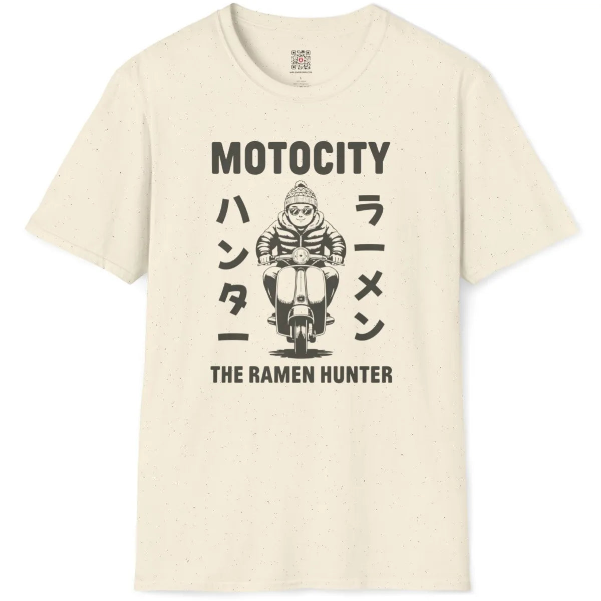 Natural color shirt flatlay showcasing bold retro scooter rider graphic with winter wear and Japanese text.