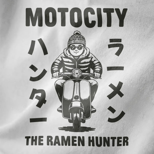 Vintage scooter rider in puffy jacket and beanie graphic on white close-up shirt, monochrome design.