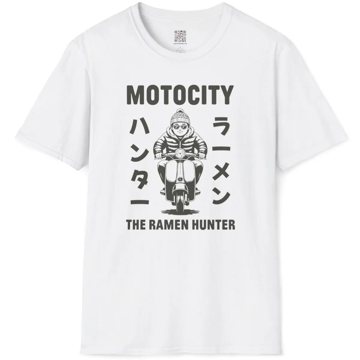 White flatlay with graphic tee showing scooter rider in winter jacket, retro style and ramen hunt theme.