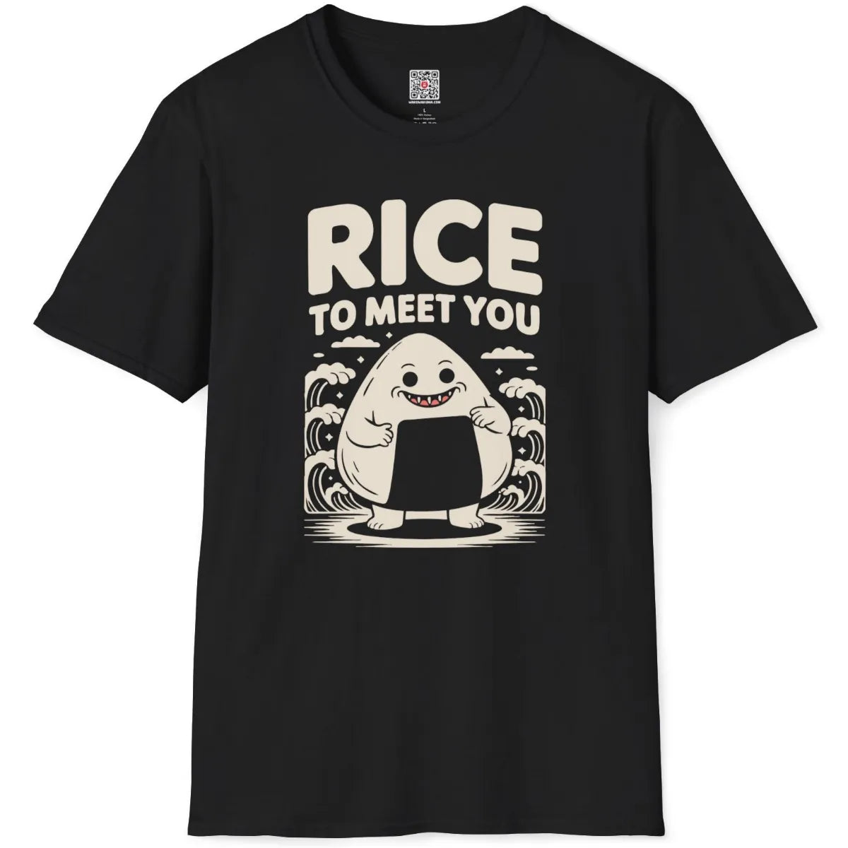 Black t-shirt flatlay with happy onigiri mascot, stylized waves, and playful "RICE TO MEET YOU" slogan.