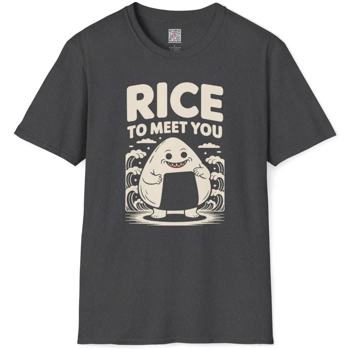 Dark heather flatlay featuring cute rice ball cartoon with friendly grin and Japanese wave-inspired design.