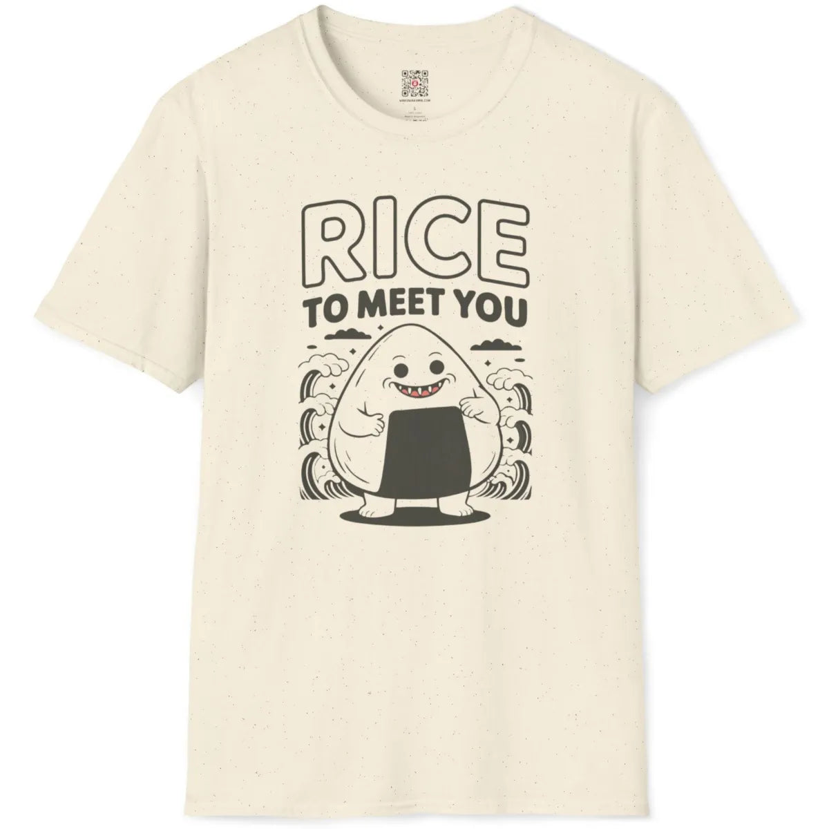 Natural shirt flatlay with cheerful onigiri snack character and stylized waves, stars, and clouds in the graphic.